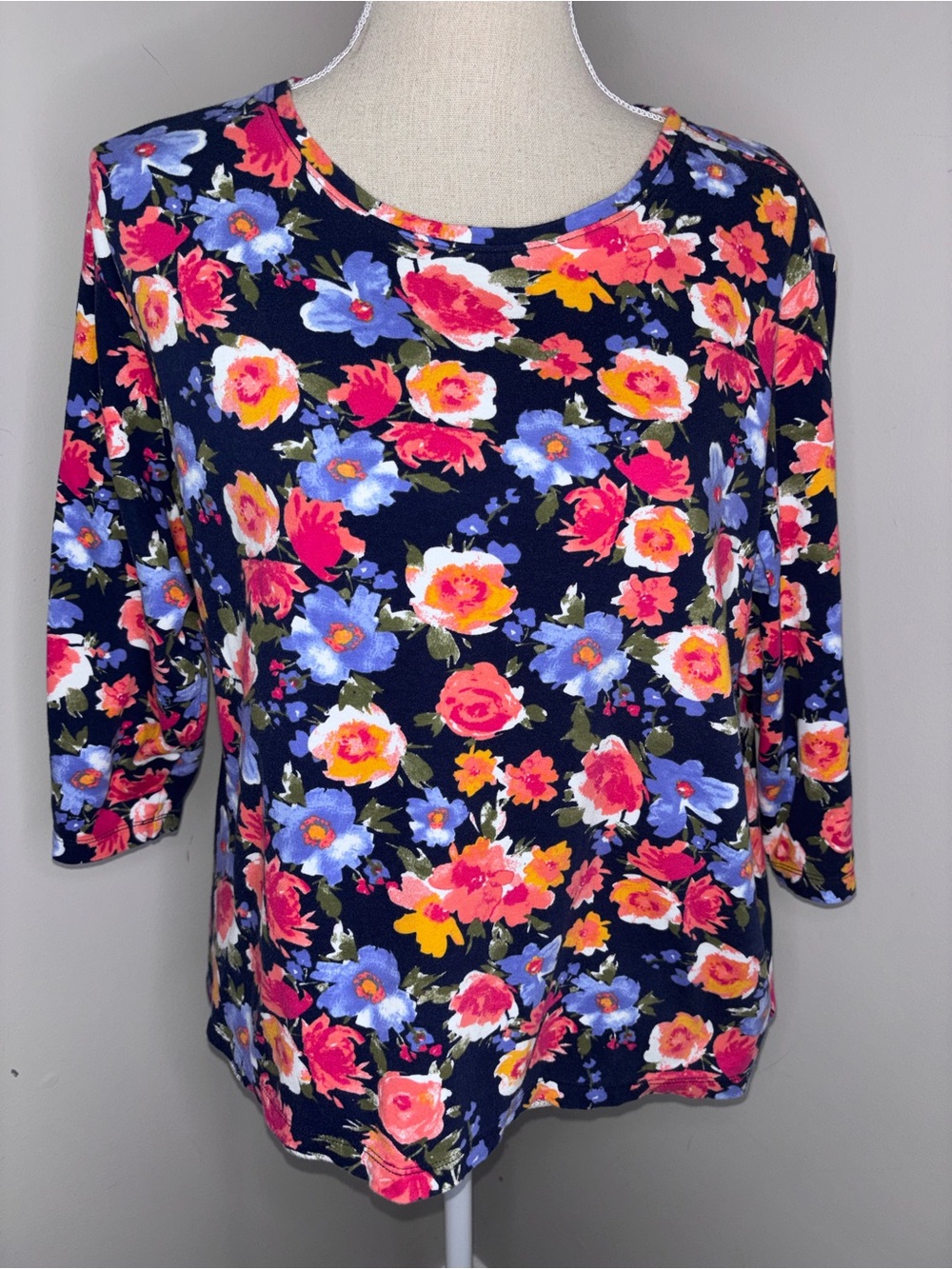 Kim Rogers bold floral 3/4 sleeve navy blue pink violet tee shirt size 1X